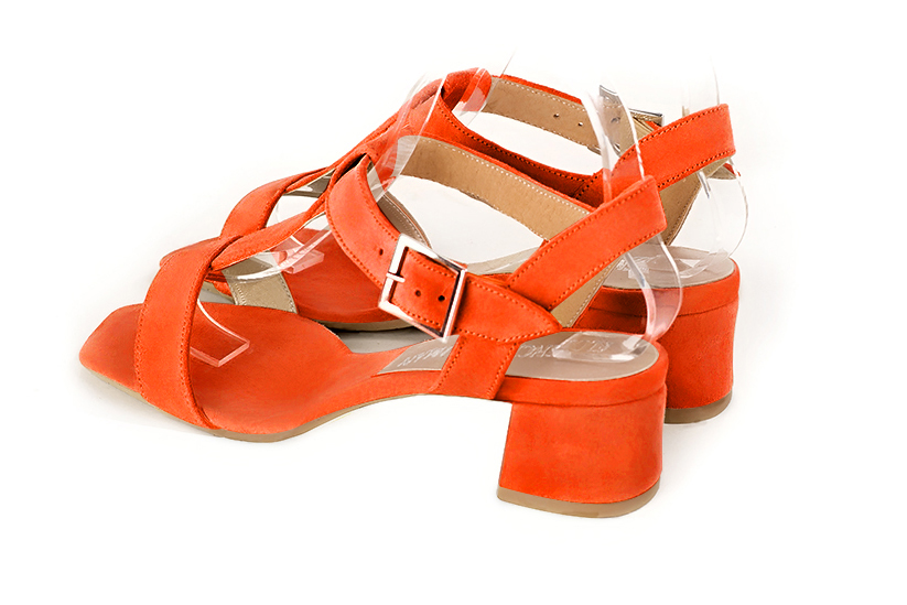 Clementine orange women's fully open sandals, with an instep strap. Square toe. Low flare heels. Rear view - Florence KOOIJMAN